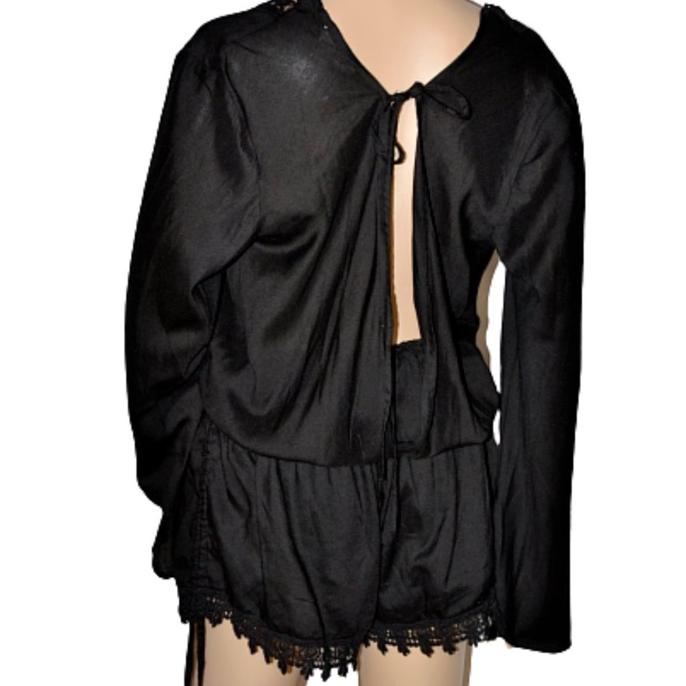 Elan Black Crocheted Open Back Romper Cover L - Picture 7 of 10